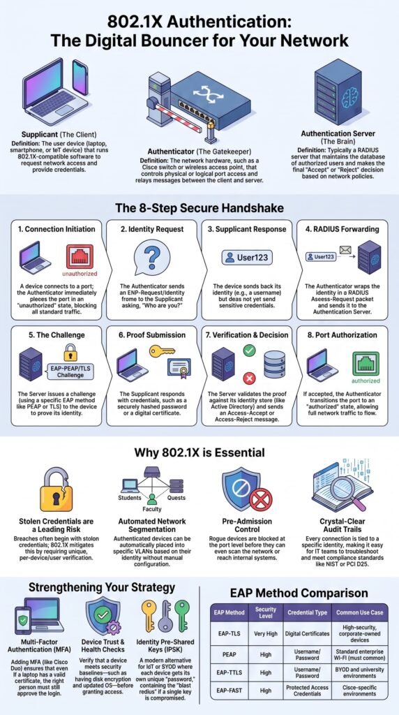 Infographic on 802.1X authentication and disabling unused switch ports interfaces for network security.