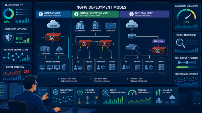 NGFW deployment modes configuration options showing routed, transparent, and virtual wire firewall setups. 