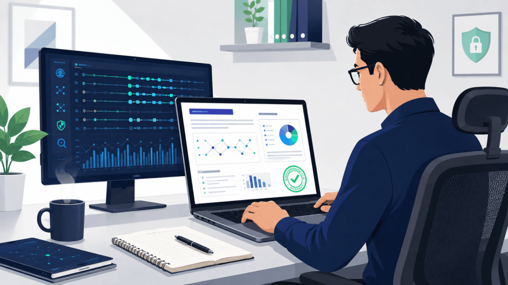 Alt text: Investigator analyzing correlated network data charts during a remote Network Forensics Investigation Process