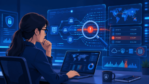 Alt text: Analyst reviewing network alerts and global traffic maps during a Network Forensics Investigation Process