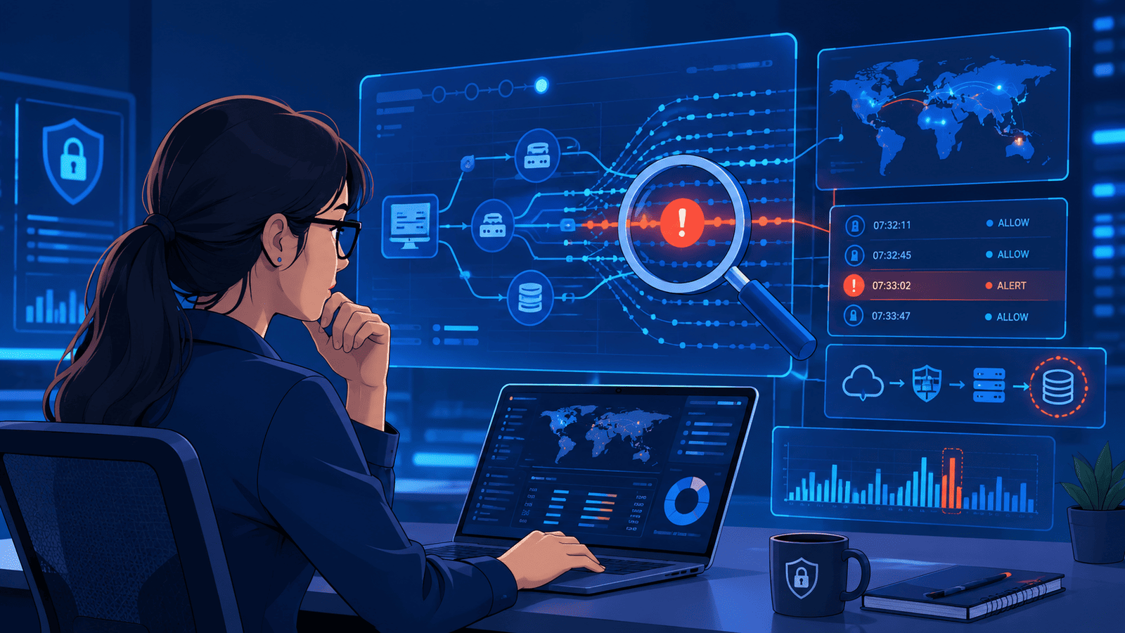 Alt text: Analyst reviewing network alerts and global traffic maps during a Network Forensics Investigation Process