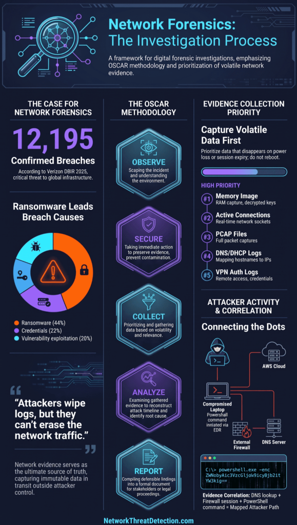 Alt text: Infographic illustrating the OSCAR framework used in a professional Network Forensics Investigation Process