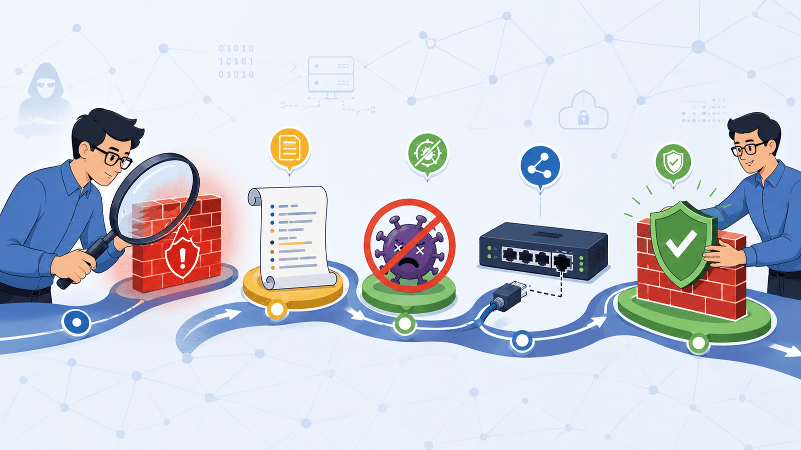 Alt text: Visual guide to network forensics investigation steps methodology, from threat detection to firewall protection.