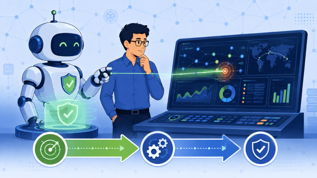 Alt text: AI-assisted network forensics investigation steps methodology shown through threat detection and analysis.