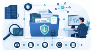 Icons and analyst desk showing steps for collecting preserving network evidence legally with shields and locks