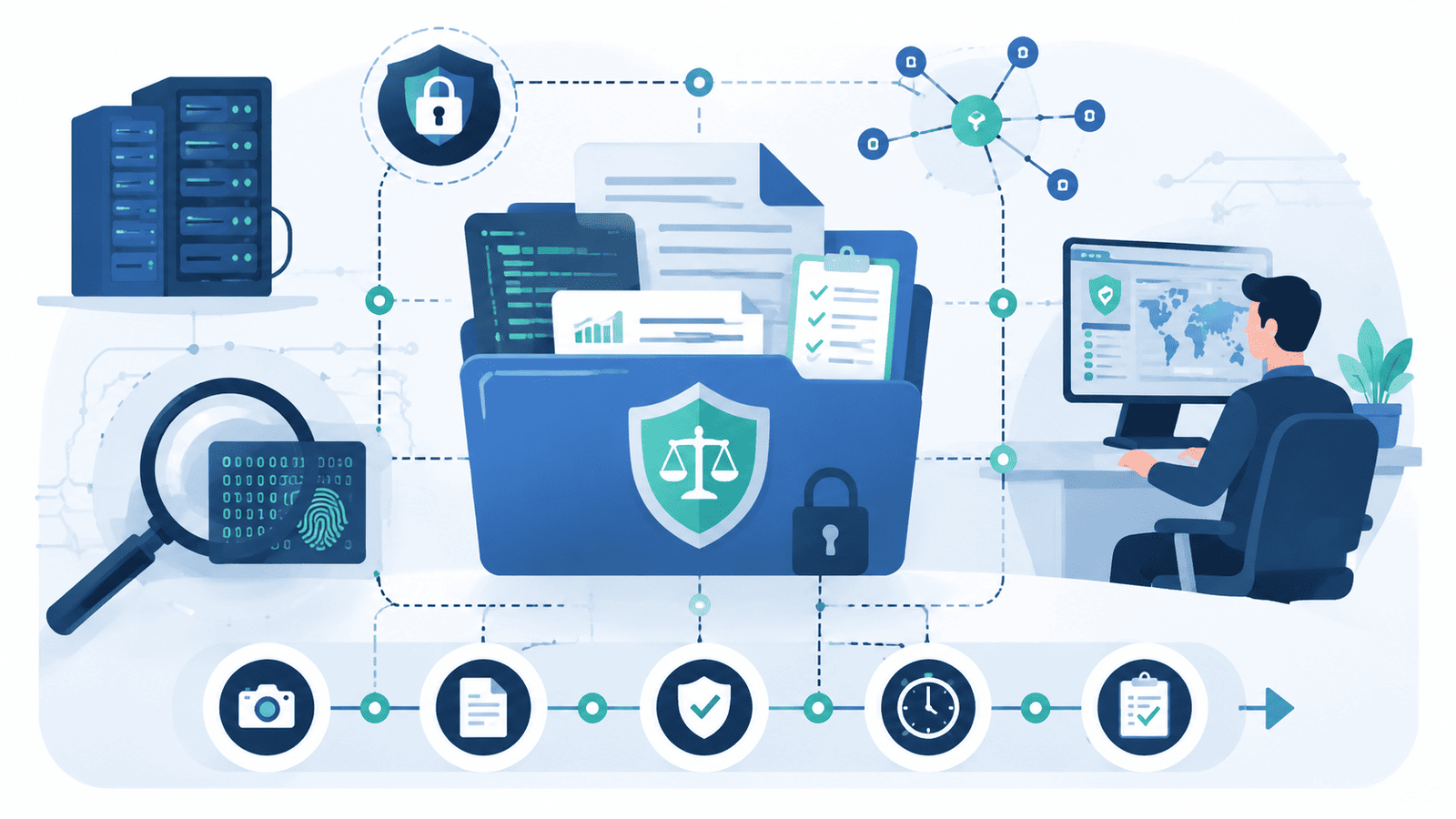 Icons and analyst desk showing steps for collecting preserving network evidence legally with shields and locks