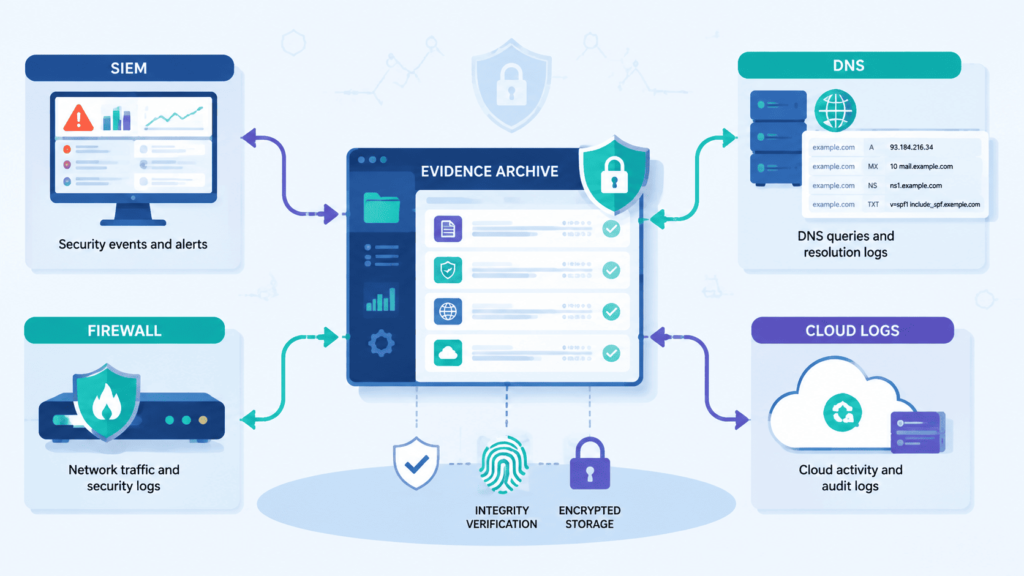Diagram linking SIEM, DNS, firewall and cloud logs for collecting preserving network evidence legally