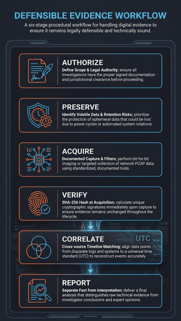 Six-stage infographic outlining a process for collecting preserving network evidence legally in investigations