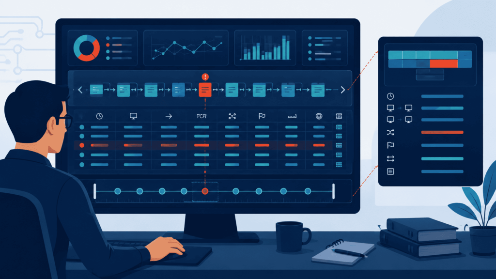 Analyst reviewing packet timeline while analyzing network traffic forensic investigation on dual screens. 
