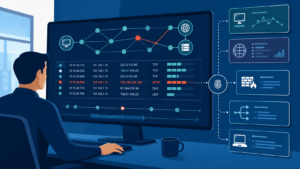 Analyst monitoring dashboard for analyzing network traffic forensic investigation with flagged alerts.