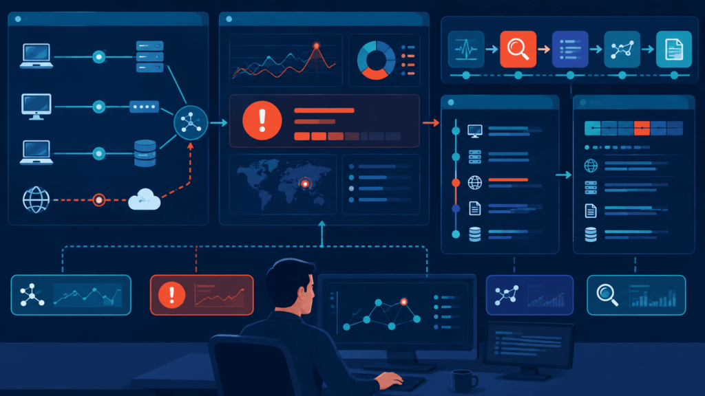 Workflow diagrams showing the process of analyzing network traffic forensic investigation step by step. 
