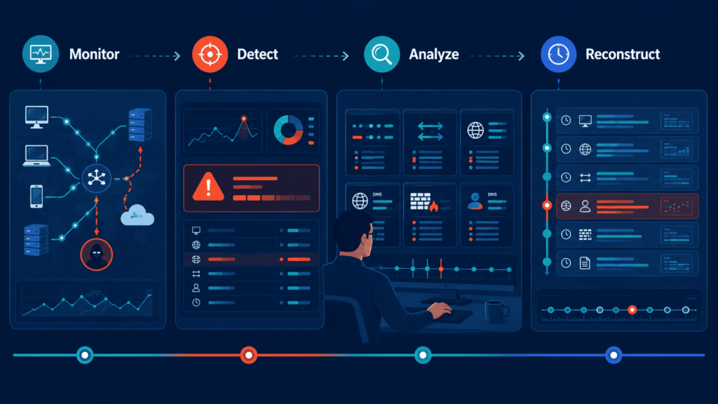 Four-stage graphic for analyzing network traffic forensic investigation: Monitor, Detect, Analyze, Reconstruct. 