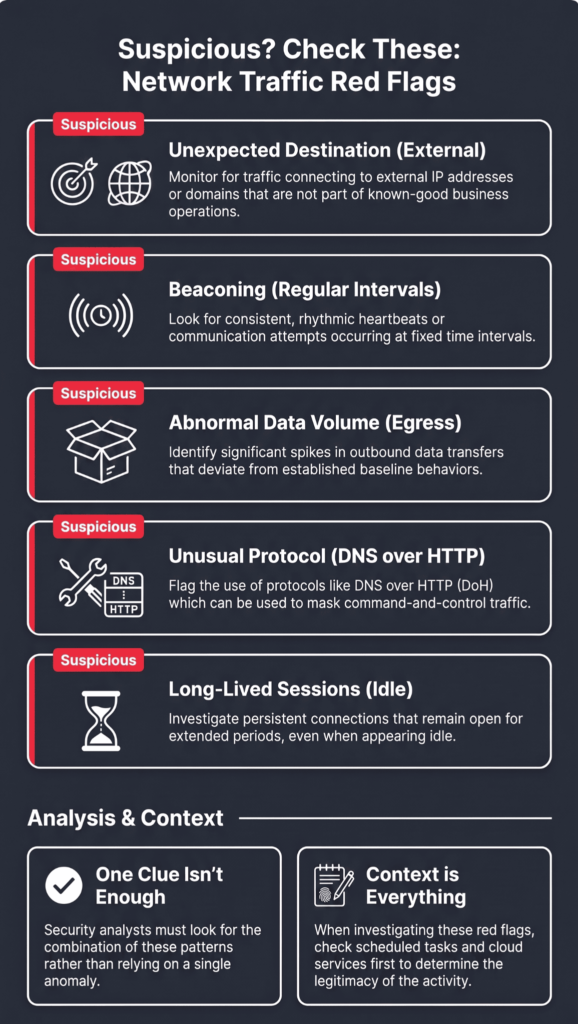 Infographic of red flags used when analyzing network traffic forensic investigation, like beaconing. 