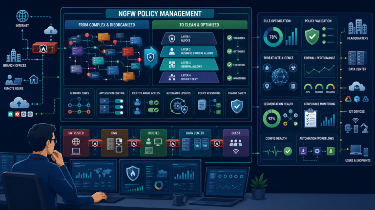 Managing ngfw policies effectively complexity with organized firewall rules and policy optimization dashboard. 