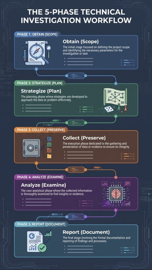 Alt text: Infographic outlining the network forensics investigation steps methodology across five key phases. 