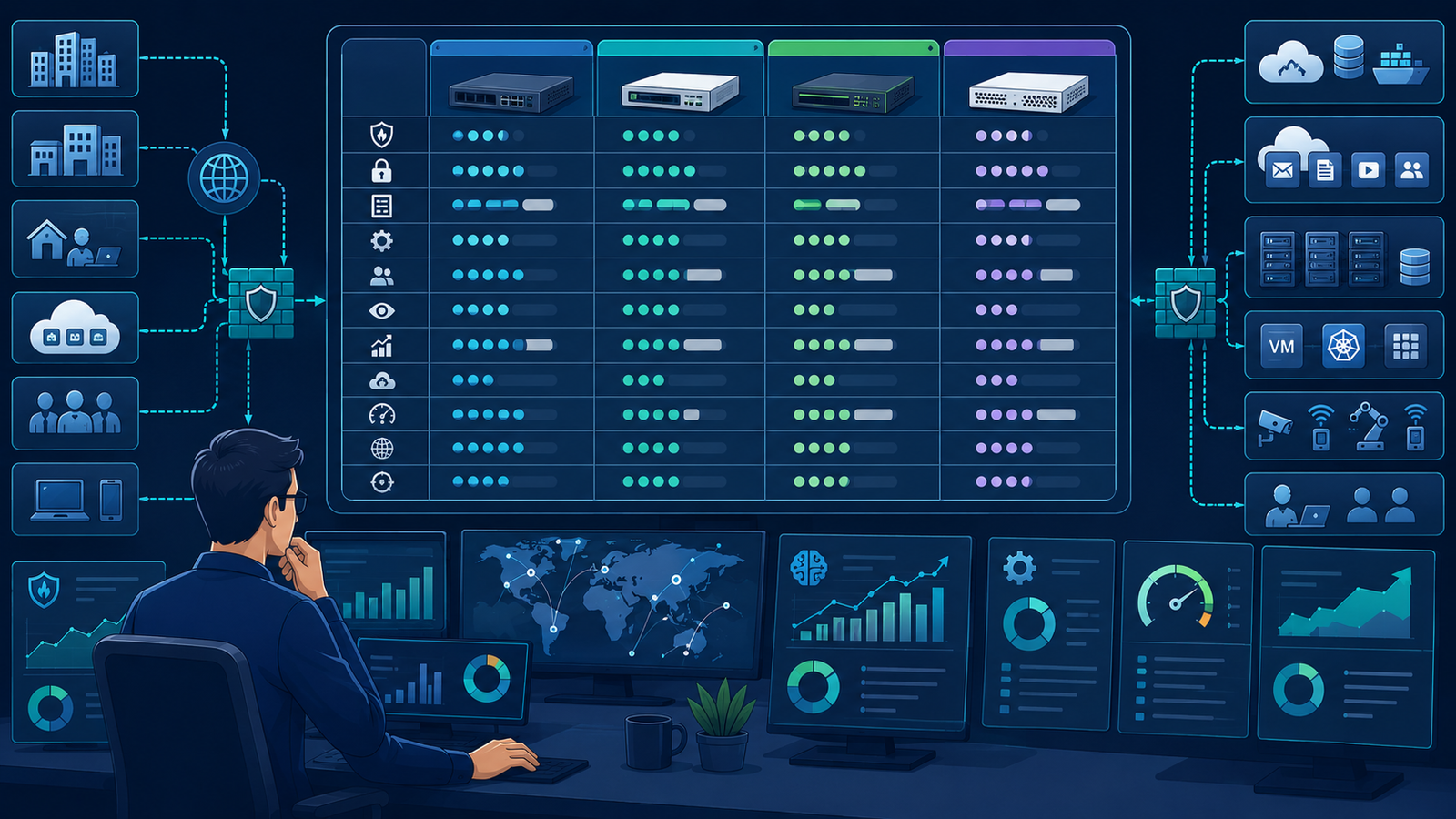 NGFW vendor comparison solutions market showing enterprise firewall features across leading platforms. 