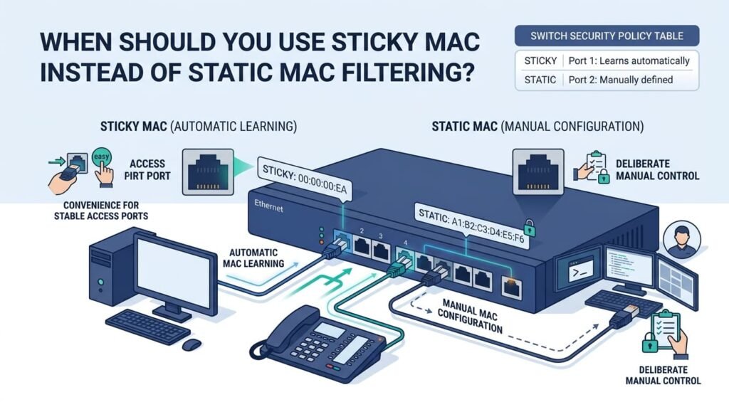 Comparison graphic explaining implementing port security mac filtering sticky mac versus static MAC configuration.
