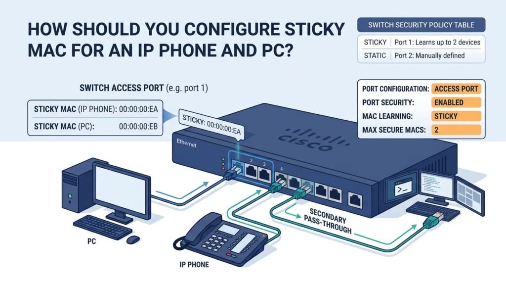 Guide illustrating implementing port security mac filtering sticky mac setup for an IP phone and PC on one port.