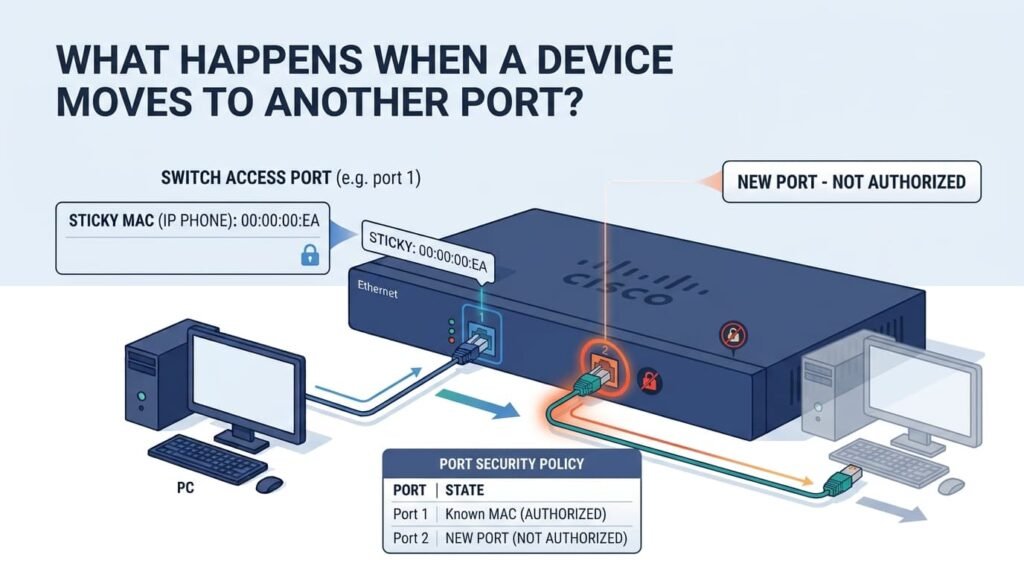 Network diagram showing implementing port security mac filtering sticky mac when a device moves to a new port.