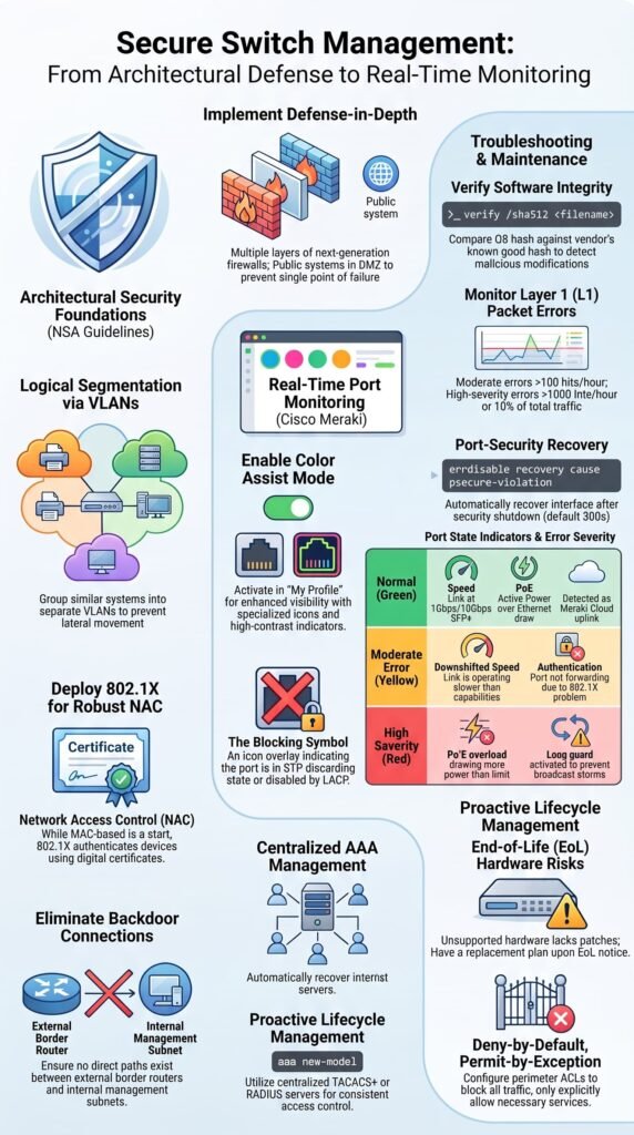 Infographic on secure switch management, covering implementing port security mac filtering sticky mac and monitoring.