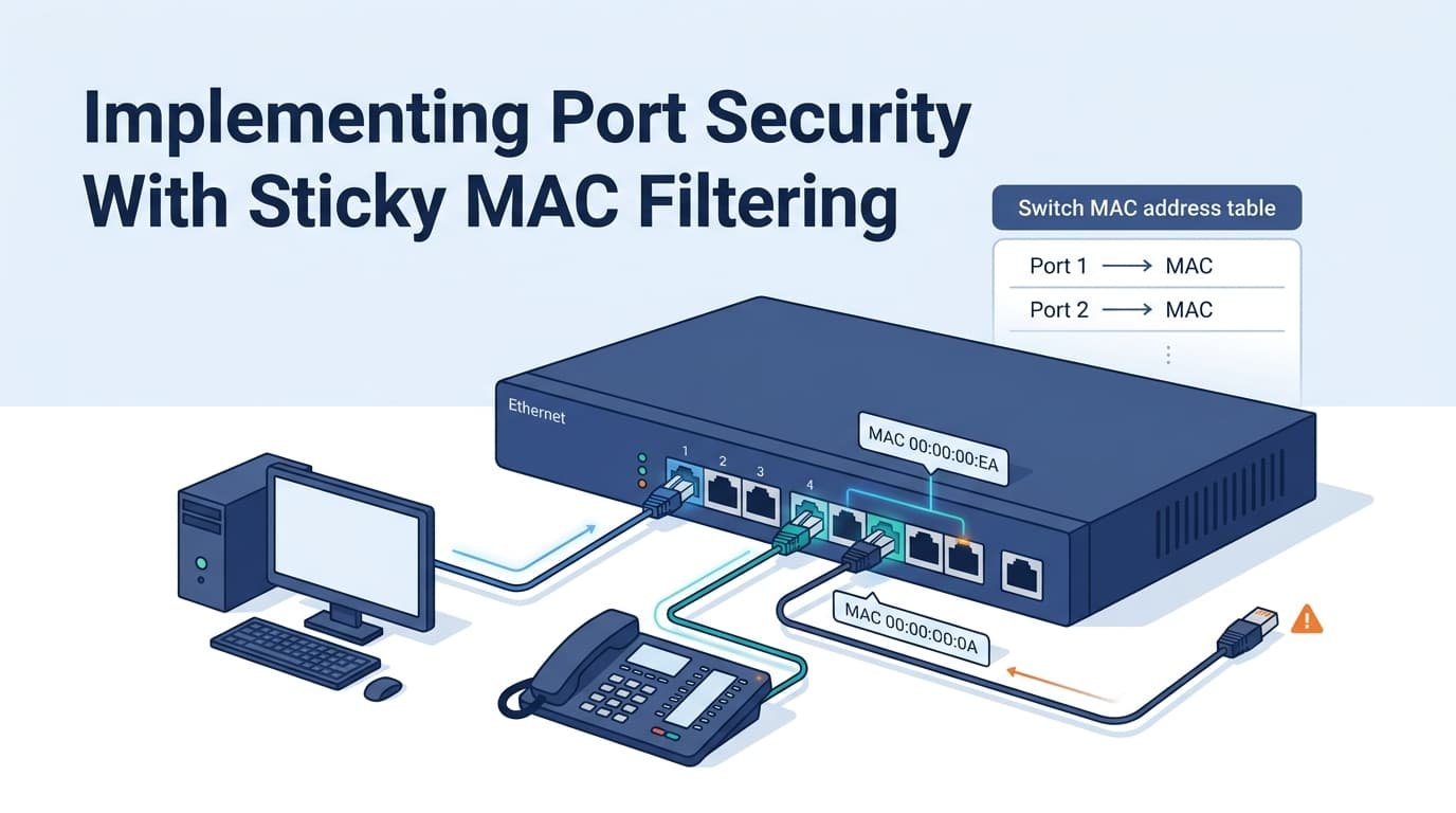 Diagram showing implementing port security mac filtering sticky mac on a switch with connected PC and IP phone.