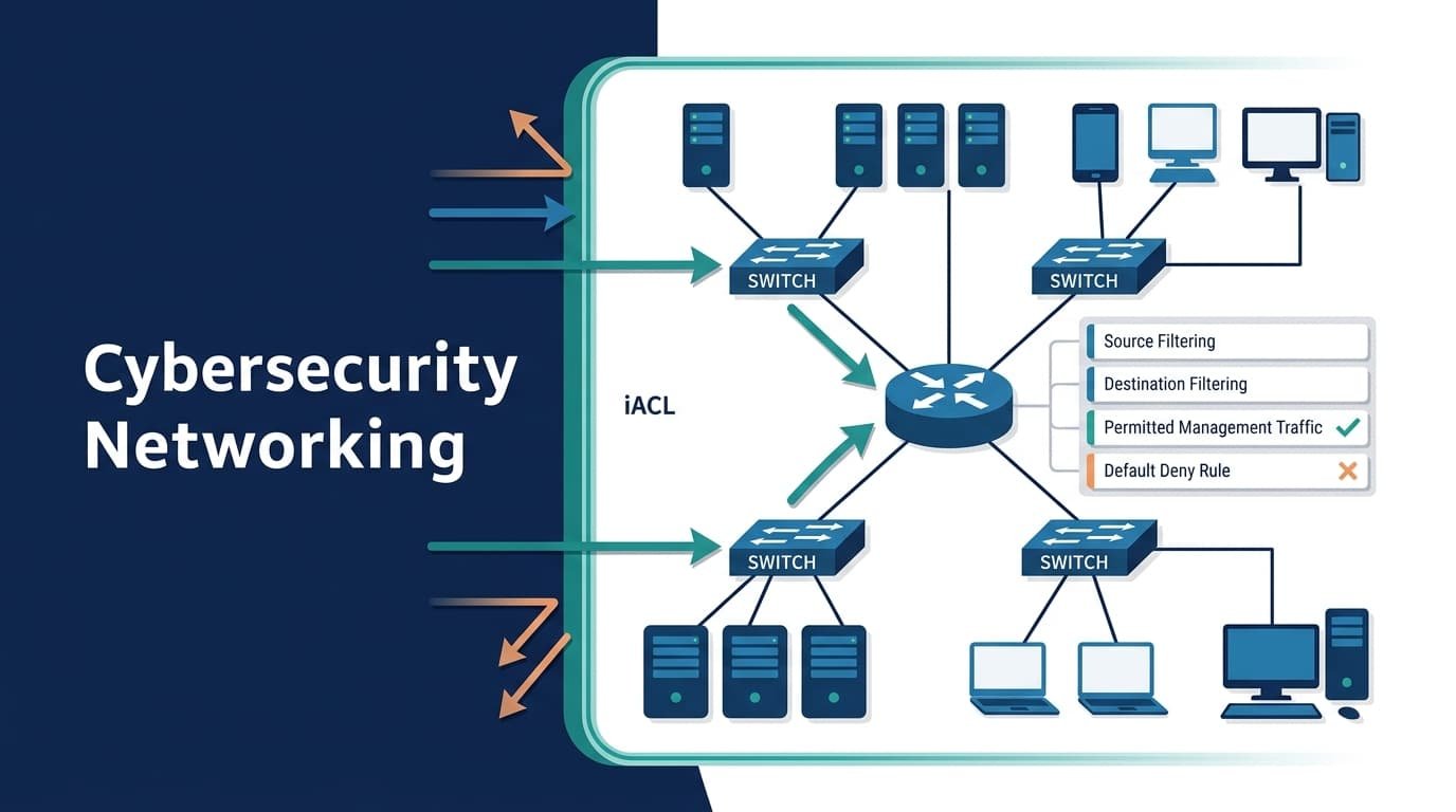 Network diagram demonstrating infrastructure acl configuration guidelines filtering across switches and routers