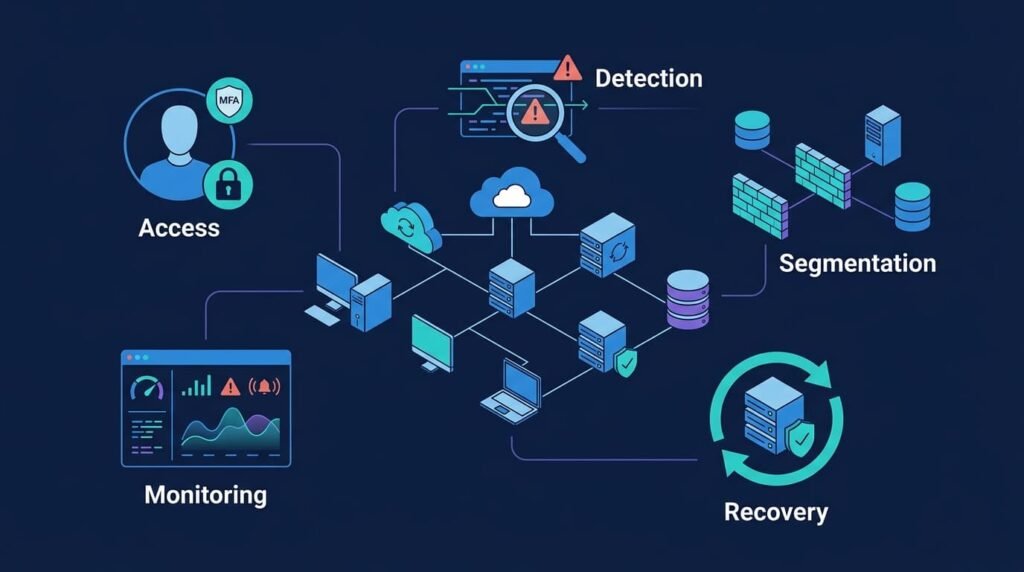 Isometric graphic showing network security controls examples such as access, detection, segmentation, and recovery