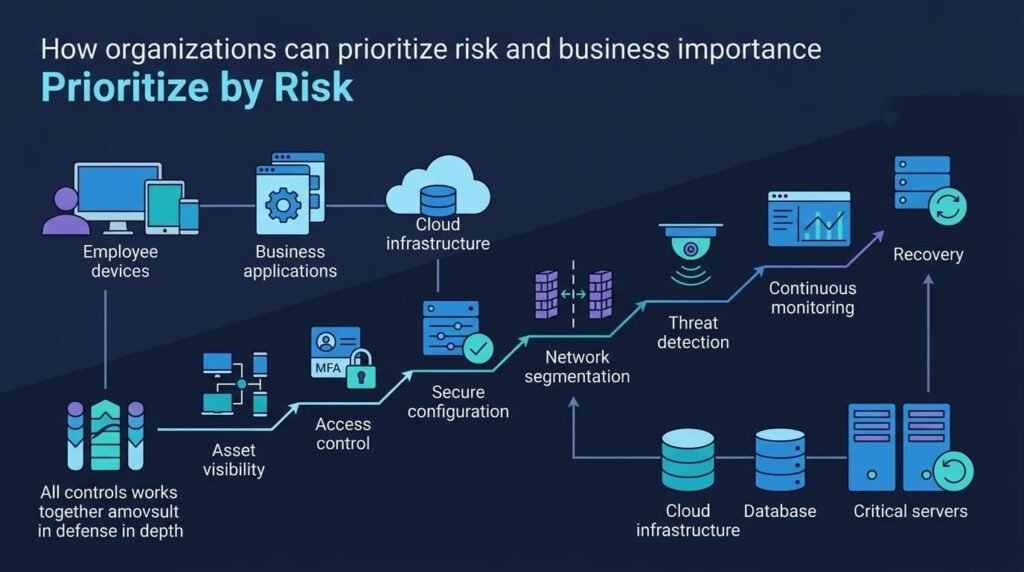 Flowchart of network security controls examples from asset visibility and access control to monitoring and recovery