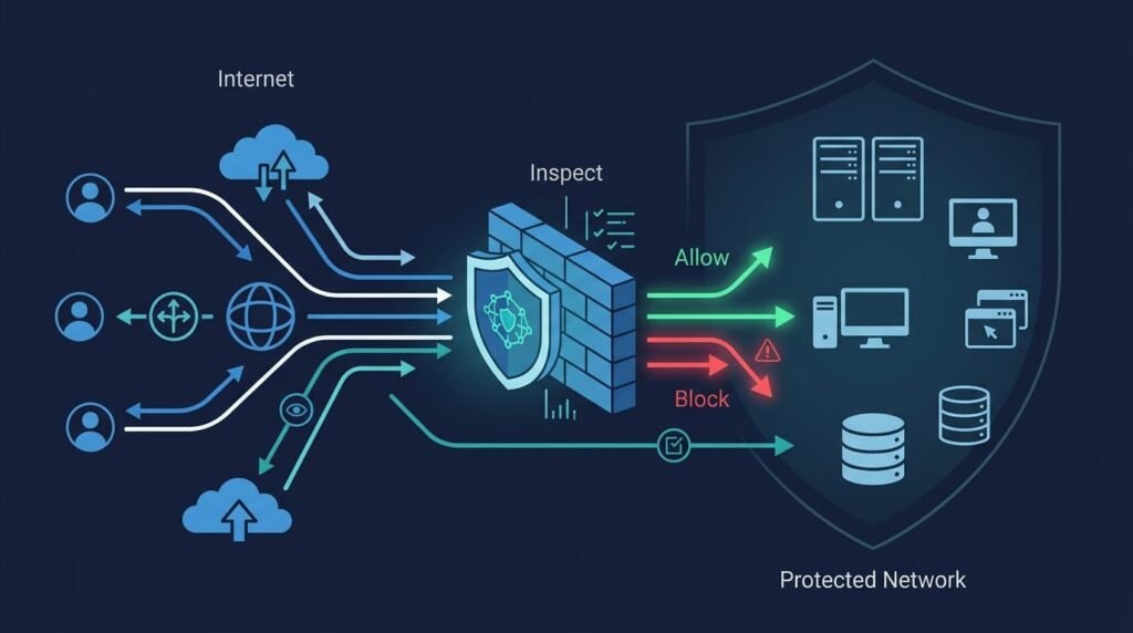 A firewall diagram illustrating network security controls examples for inspecting and filtering internet traffic flow
