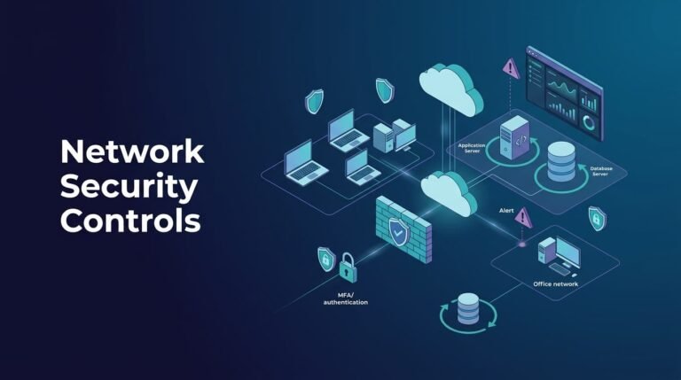Isometric diagram of network security controls examples including firewalls, MFA, cloud servers, and alert monitoring
