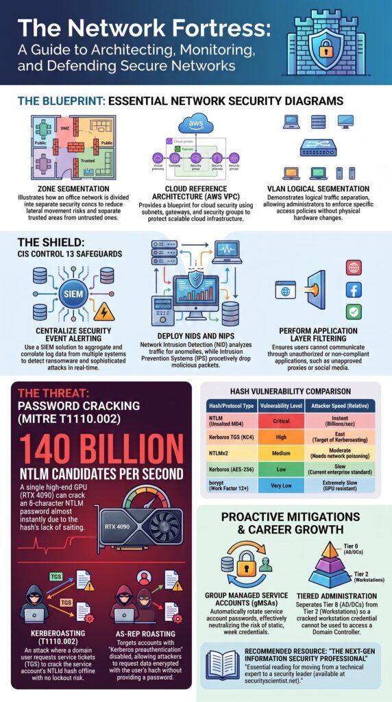 Infographic covering network security controls examples like segmentation, monitoring, and password attack defenses