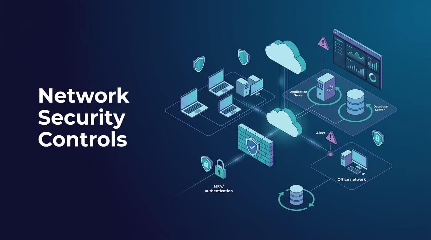 Isometric diagram of network security controls examples including firewalls, MFA, cloud servers, and alert monitoring