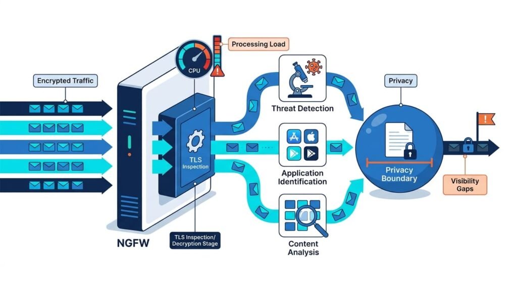 Flowchart illustrating NGFW limitations encrypted traffic inspection across threat detection and privacy boundaries.