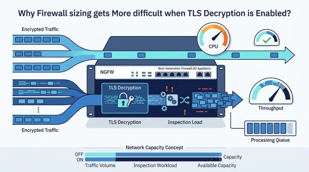 Visual explaining NGFW limitations encrypted traffic inspection and its impact on firewall sizing and throughput.