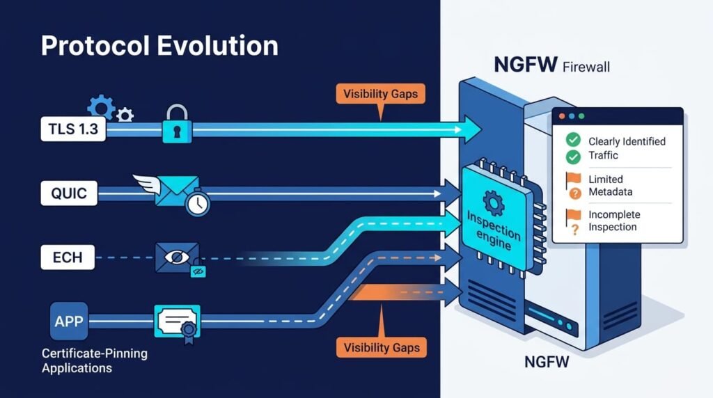 Graphic on protocol evolution highlighting NGFW limitations encrypted traffic inspection amid TLS 1.3 and QUIC.
