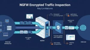 Diagram showing NGFW limitations encrypted traffic inspection with processing load and compatibility issues.