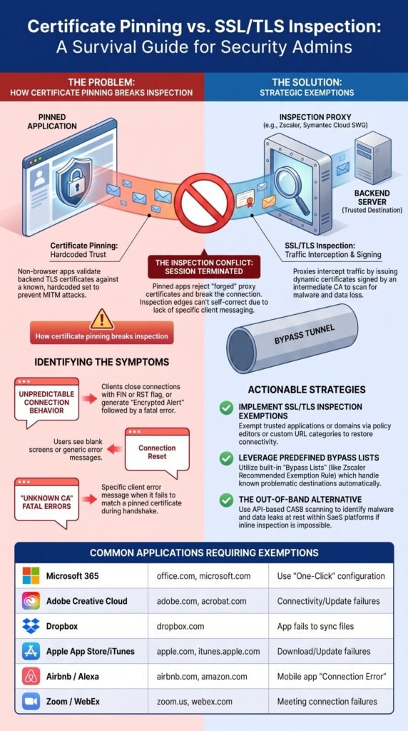 Infographic comparing certificate pinning and NGFW limitations encrypted traffic inspection for security admins.