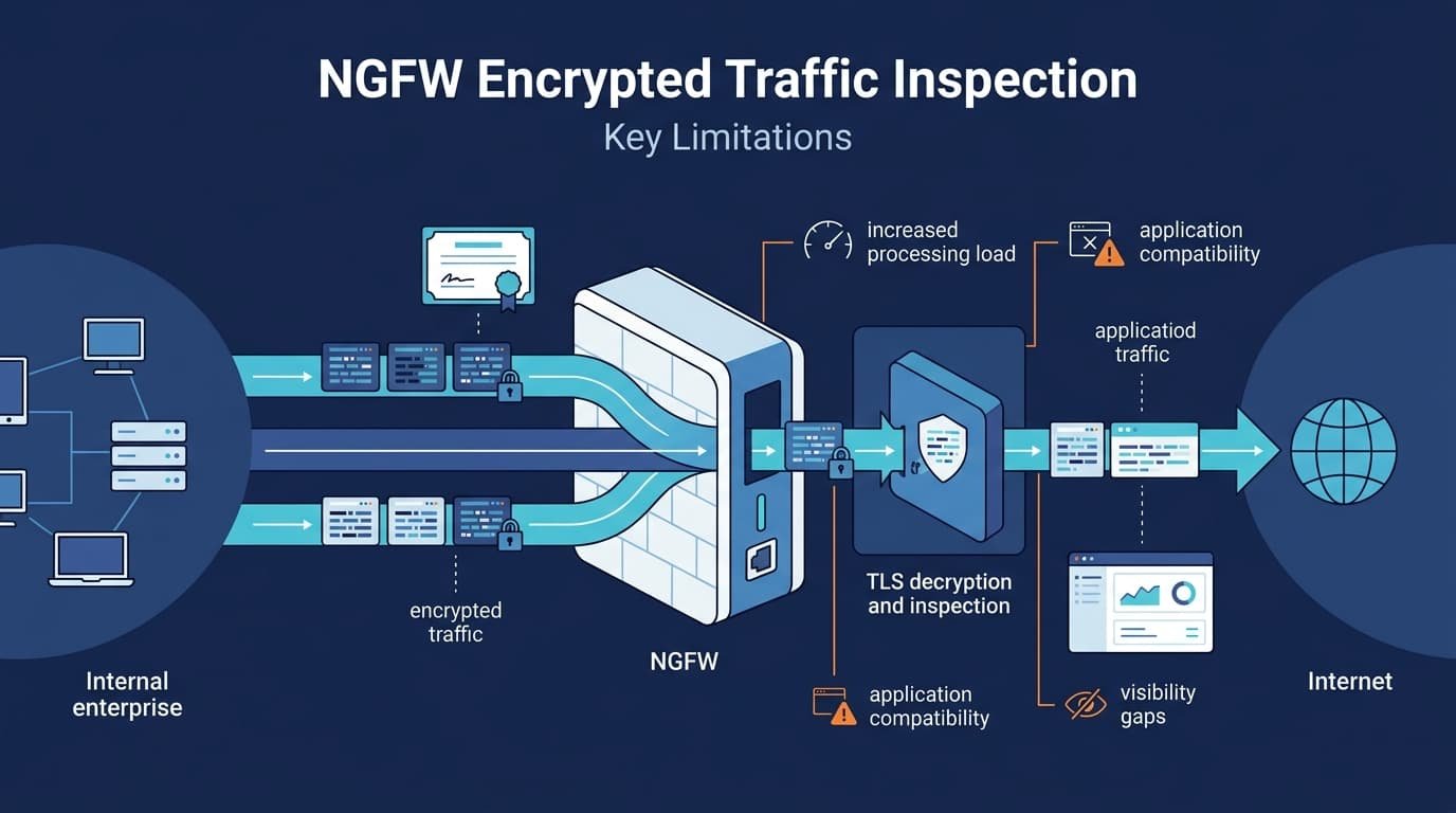 Diagram showing NGFW limitations encrypted traffic inspection with processing load and compatibility issues.
