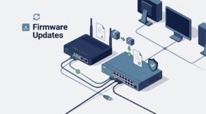 Router and switch linked in setup showing regular firmware updates router switch vulnerabilities protection