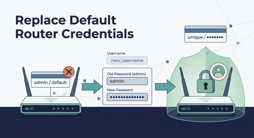 Diagram of replacing default login with a strong password, part of secure router administrative access credentials