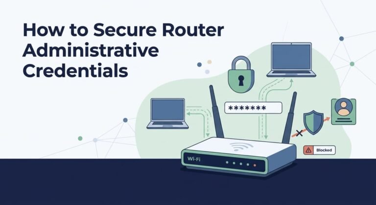 Illustration showing steps for securing router administrative access credentials with lock and login icons