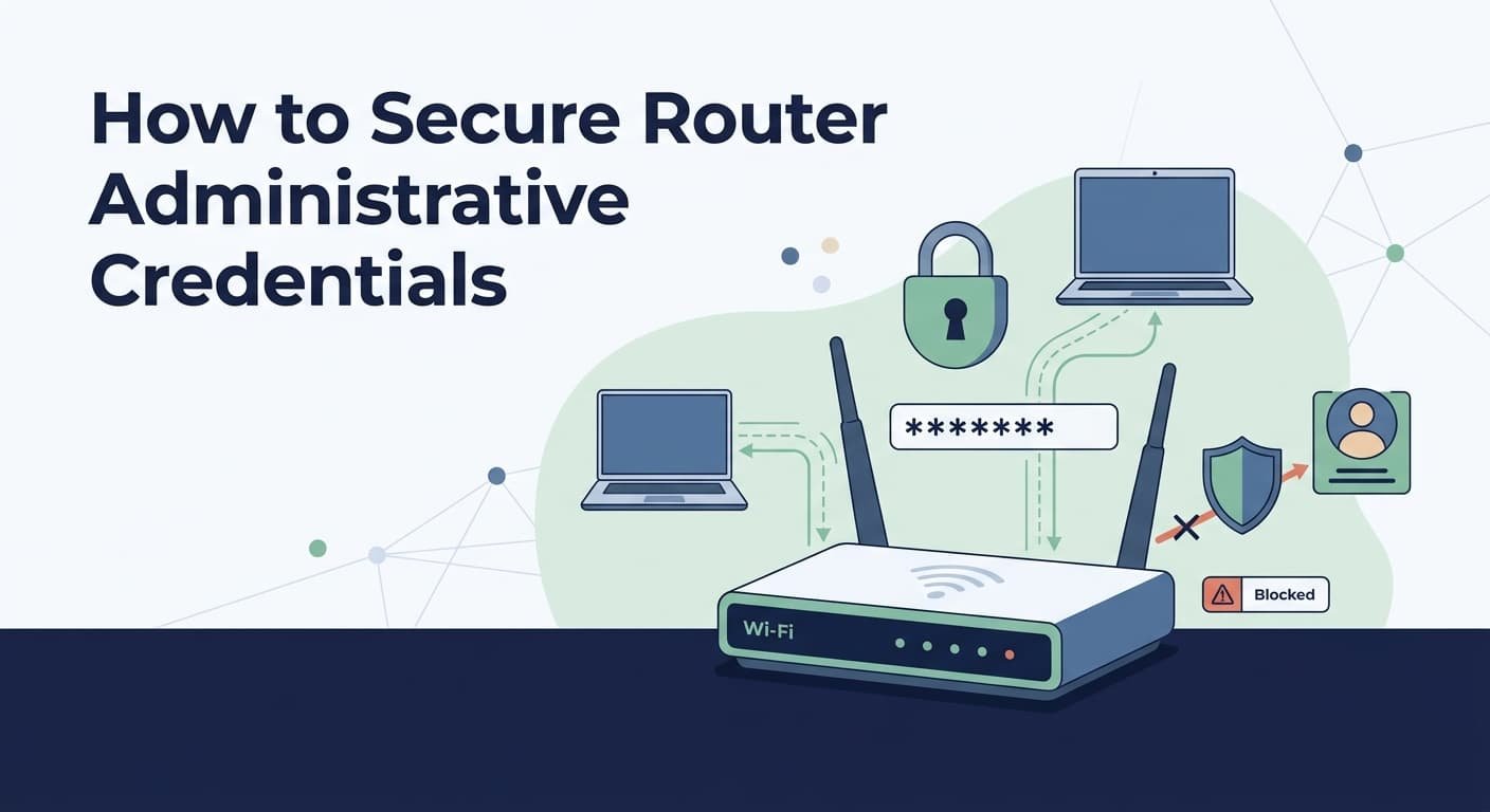 Illustration showing steps for securing router administrative access credentials with lock and login icons