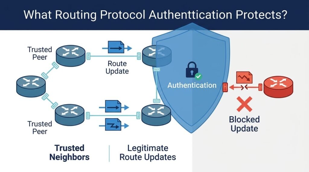 Visual guide explaining how securing routing protocols OSPF BGP authentication verifies trusted neighbor peers.