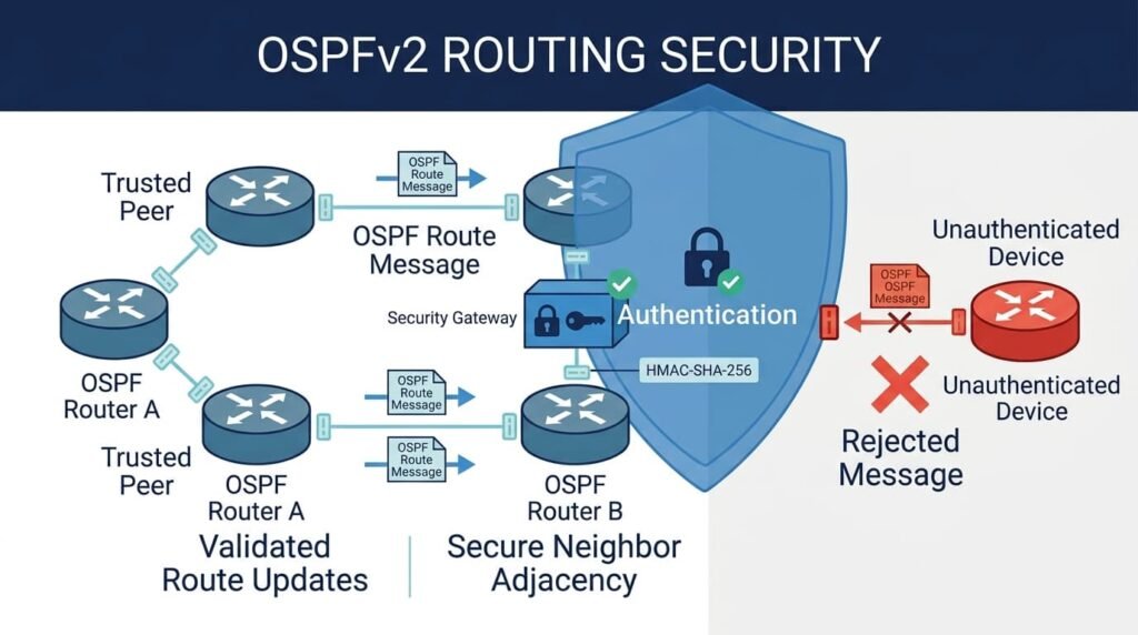 OSPFv2 diagram on securing routing protocols OSPF BGP authentication using HMAC-SHA-256 for router adjacency.