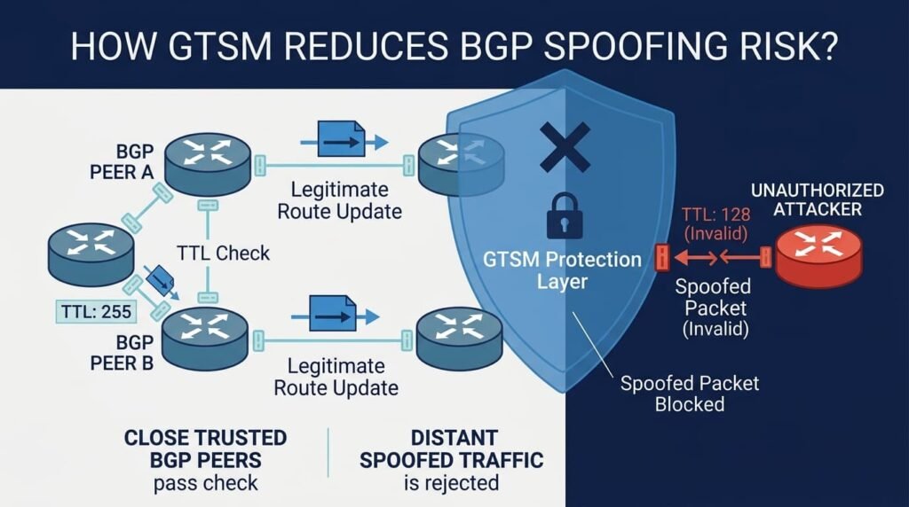 Graphic showing GTSM and securing routing protocols OSPF BGP authentication to reduce BGP spoofing risk.