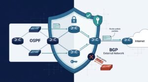 Diagram illustrating securing routing protocols OSPF BGP authentication to block false external route updates.