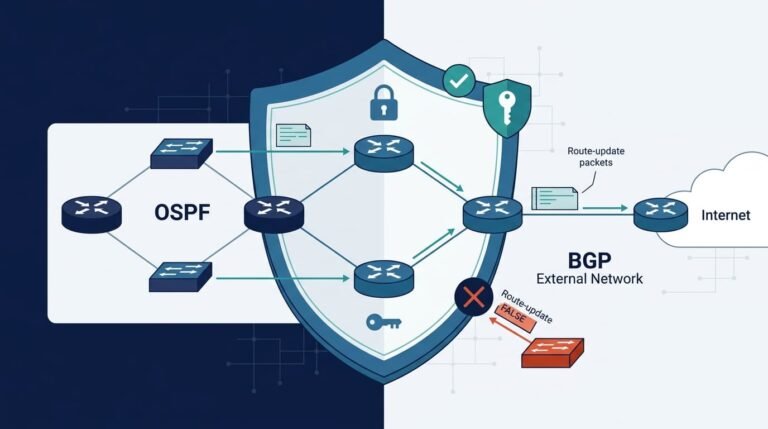 Diagram illustrating securing routing protocols OSPF BGP authentication to block false external route updates.