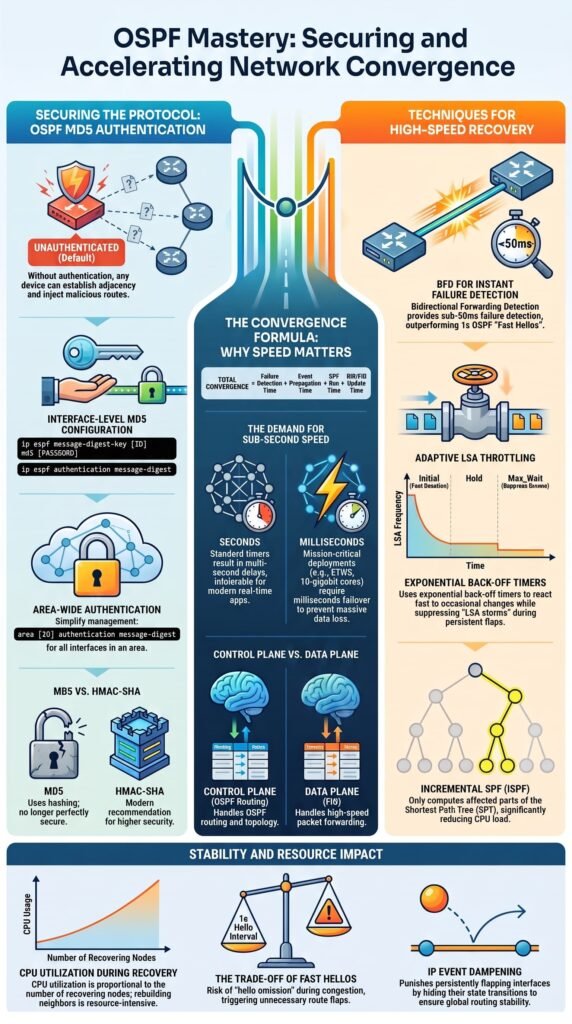 Infographic on securing routing protocols OSPF BGP authentication with MD5 setup and fast network convergence tips.