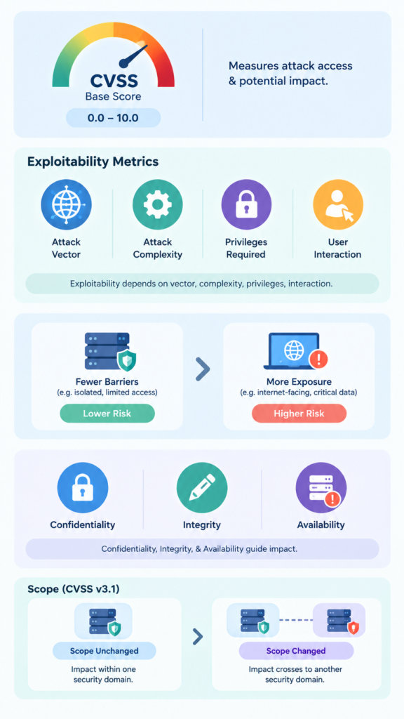 Infographic explaining CVSS common vulnerability scoring system through exploitability, impact, and scope metrics.