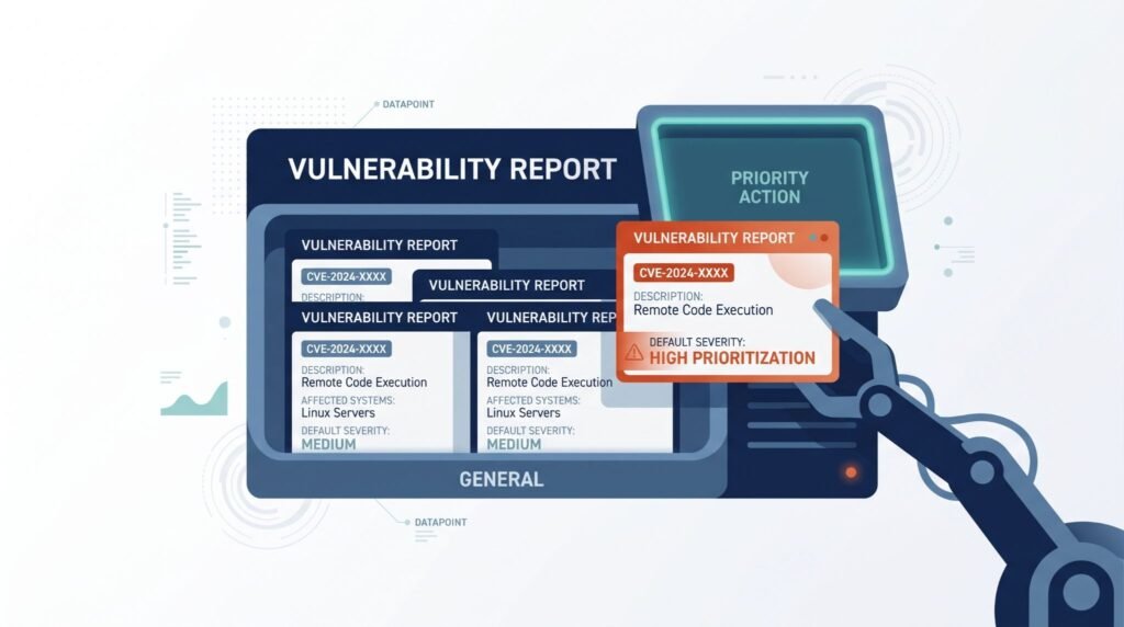Illustration of a robotic arm adjusting vulnerability severity cards, factoring threat intelligence prioritization process into automated triage.